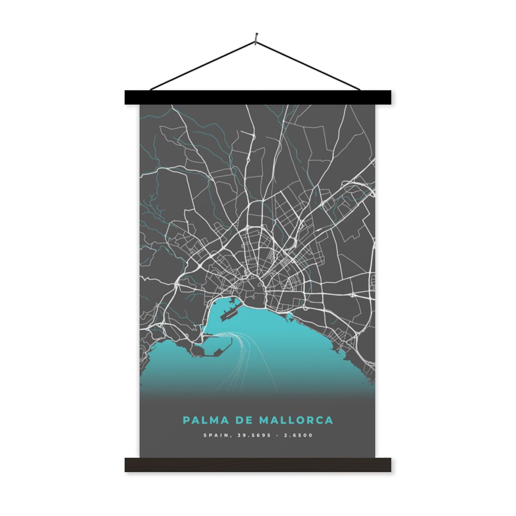 MuchoWow Textilposter Mallorca - Stadtplan - Karte - Blau 120x180 cm mit schwarzem Rahmen - Fotos