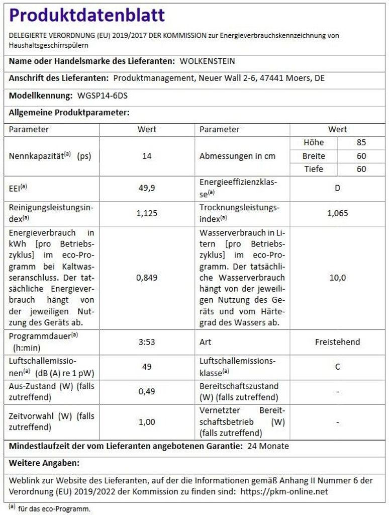 Wolkenstein WGSP14-6DS Geschirrspüler, freistehend 60cm Produktbild 4
