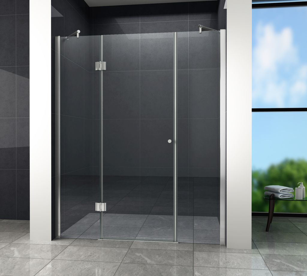 A modern bathroom with a glass shower enclosure.