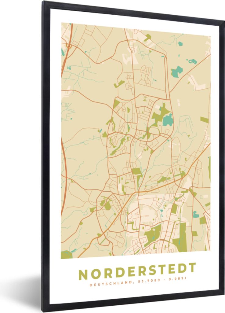 MuchoWow Gerahmtes Poster Karte - Stadtplan - Vintage - Norderstedt - Karte 60x90 cm - Poster mit Schwarzem Bilderrahmen Wandposter Rahmen Foto B...