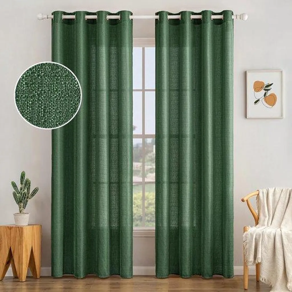 Rideaux décoratifs translucides vert foncé effet lin naturel 140 x 215 cm