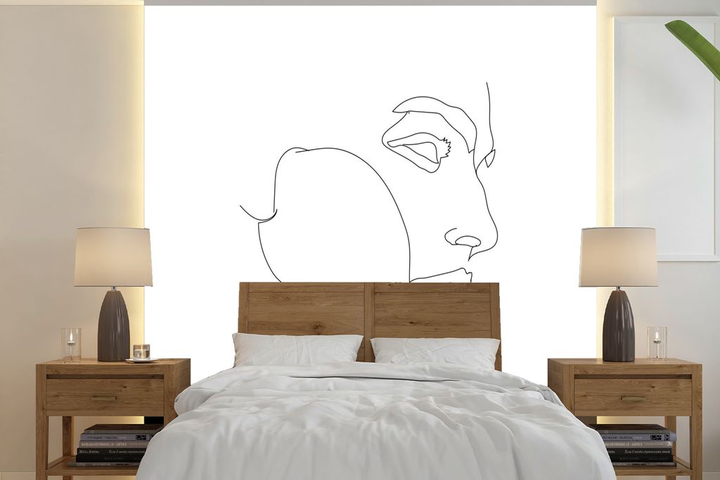 MuchoWow Fototapete für Wohnzimmer oder Schlafzimmer Wandtapete Vinyl Motivtapete Kopf - Mann - Strichzeichnung - 300x300 cm - Wanddekoration