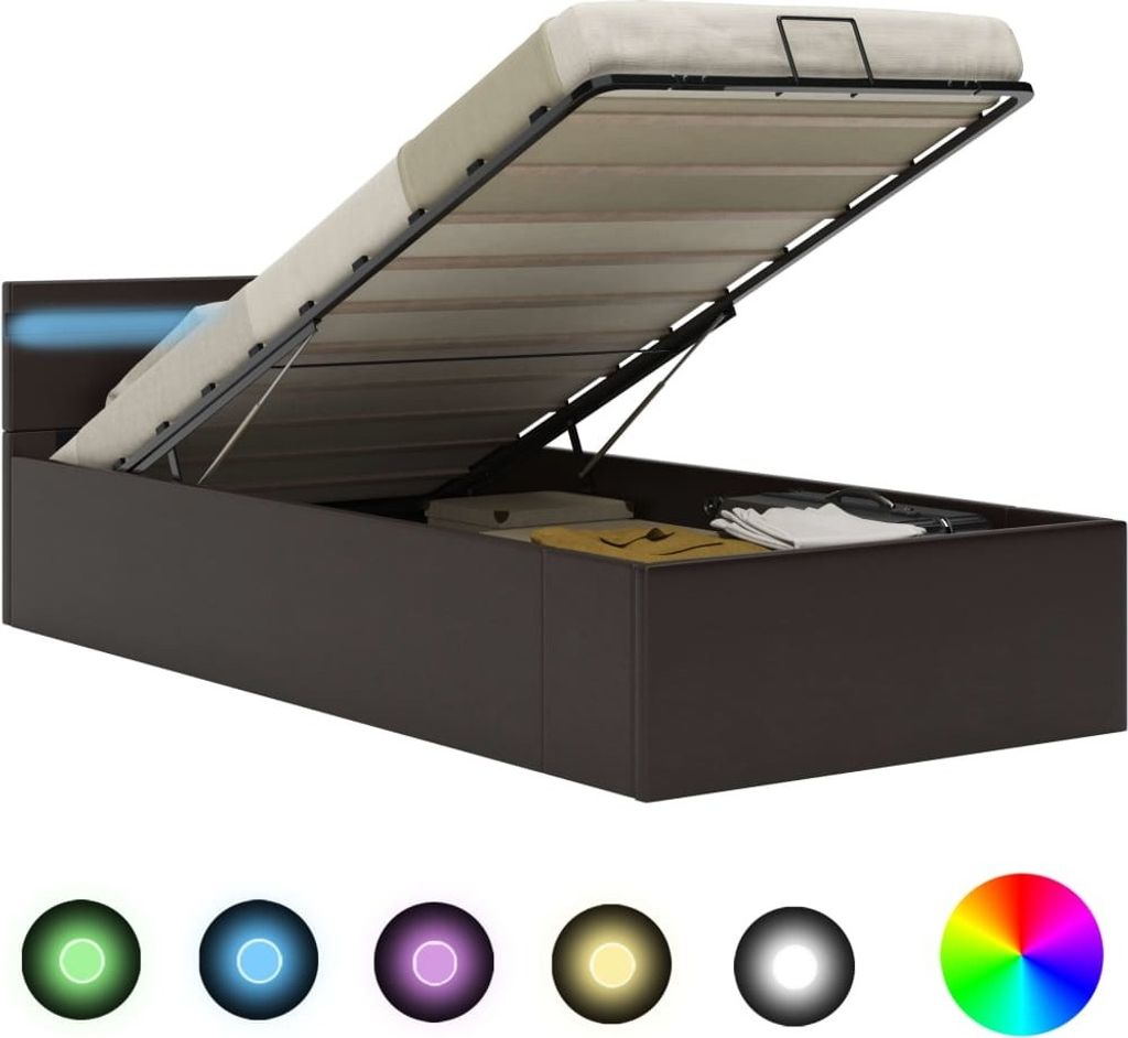 The Living Store Bett mit Bettkasten Hydraulisch LED Grau Kunstleder 90x200 cm