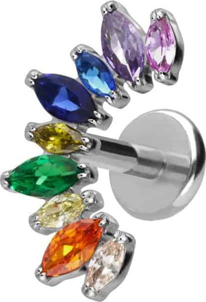 Ohrpiercing, Nasenpiercing Titan Labret mit Push Fit BUNTER KRISTALLBOGEN Silber Stablänge: 7mm | Stabstärke: 1mm