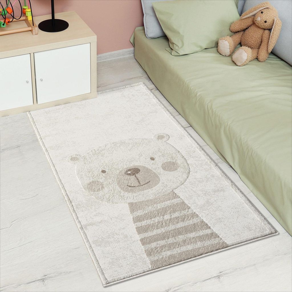 Kinderteppich Creme, Beige - 80x150 cm - Tier-Motiv Teddy-Bär - Kinderzimmerteppiche