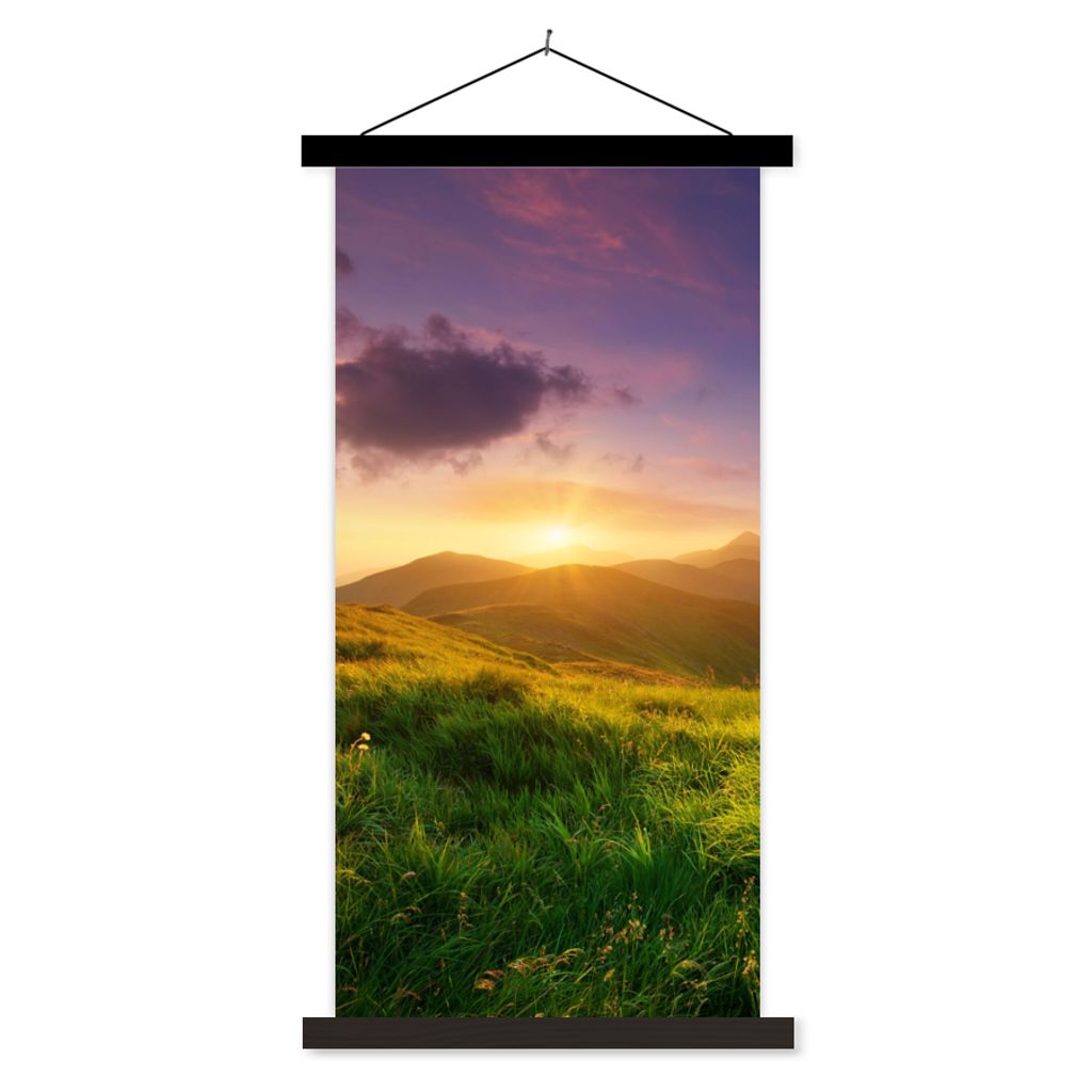 MuchoWow Textilposter Berge - Sonne - Natur 40x80 cm mit schwarzem Rahmen - Wandemalerei