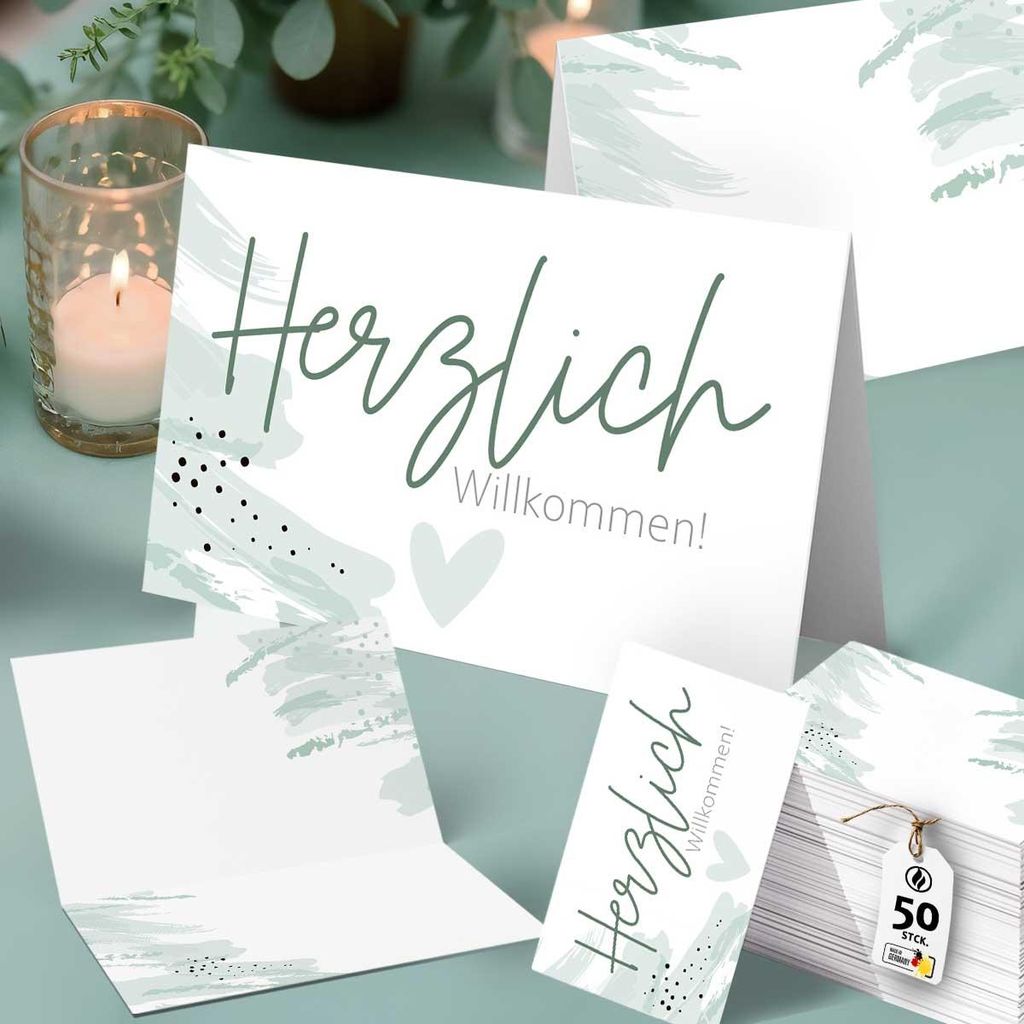 50 Tischkarten Herzlich Willkommen, Art Mood Mint Green, Produktbild 