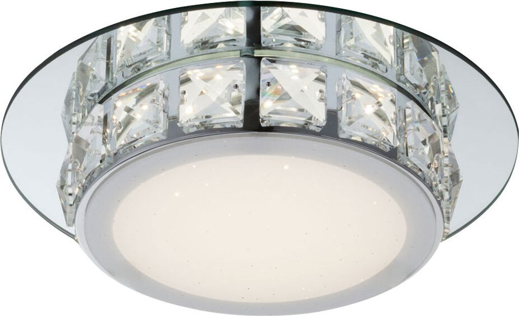 LED Deckenleuchte, Glas opal, Kristalle klar, 25x7cm