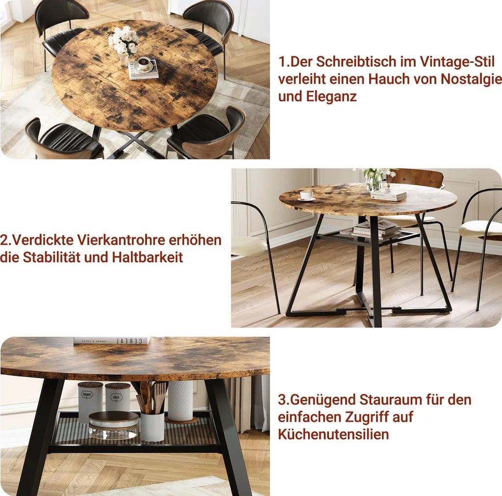 UnboxG Tavolo da pranzo rotondo Ø120 cm, tavolo da sala da pranzo con piano in MDF a 4 pezzi e robusta struttura in metallo, tavolo da cucina dal design industriale, con vano portaoggetti - vintage marrone/nero - 6