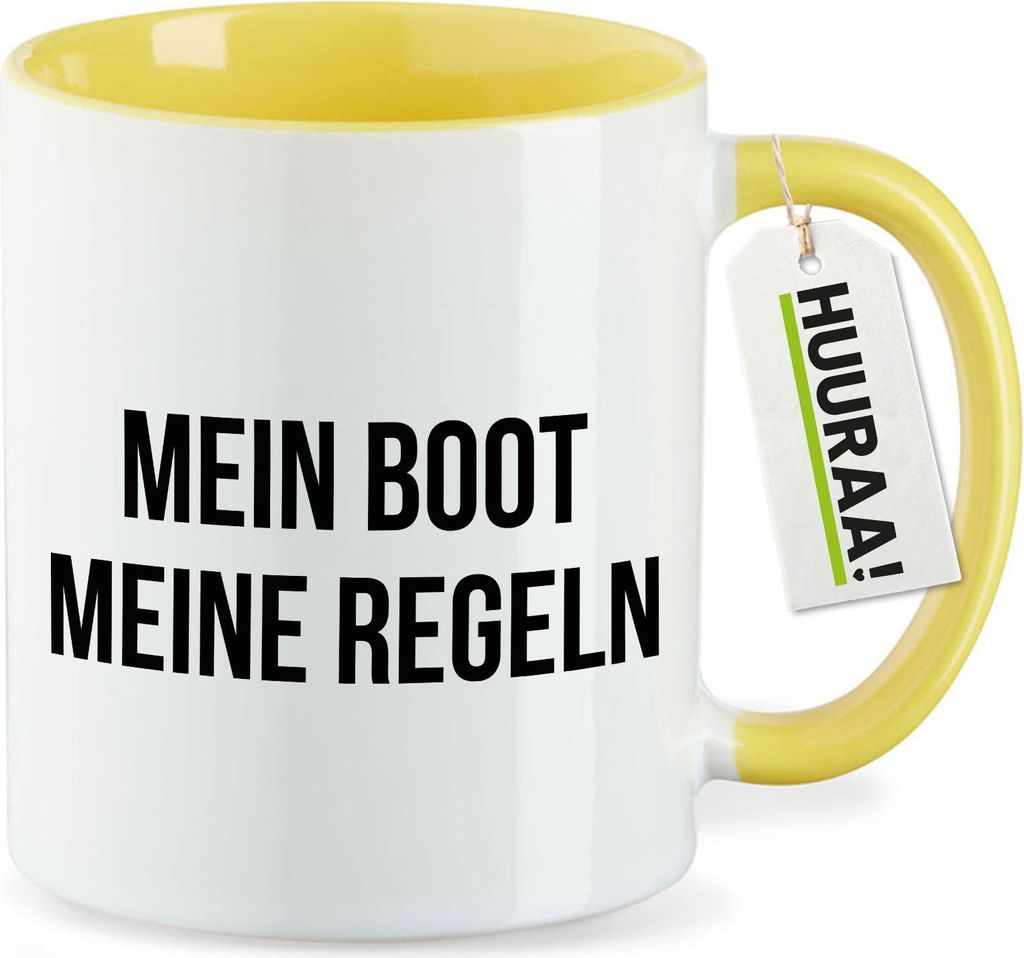 Huuraa Kaffeetasse Mein Boot meine Regeln Segeln 330ml Gelb Keramik Kaffeebecher Geschenkidee
