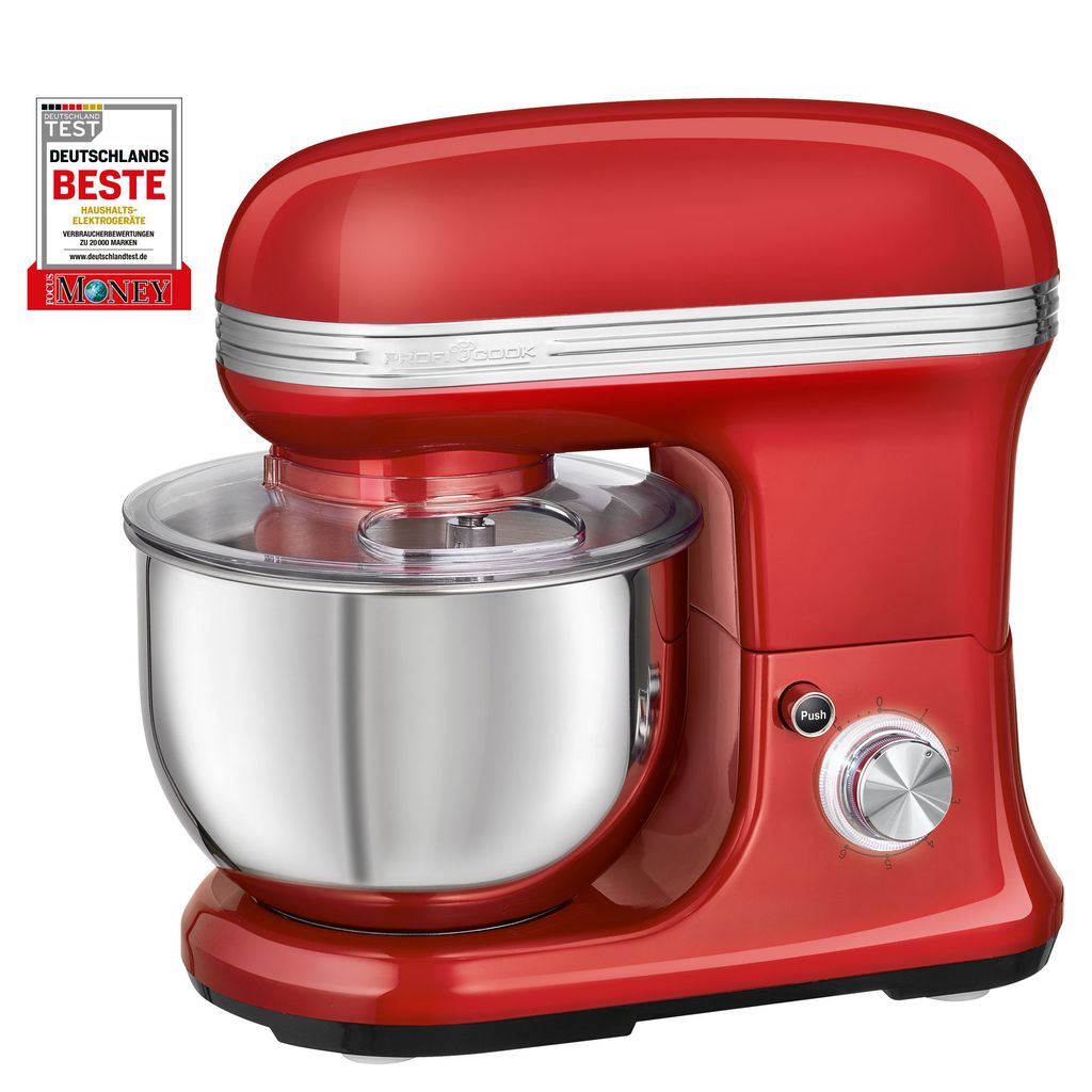 A red stand mixer is shown against a white background. A small badge with text is in the upper left corner.