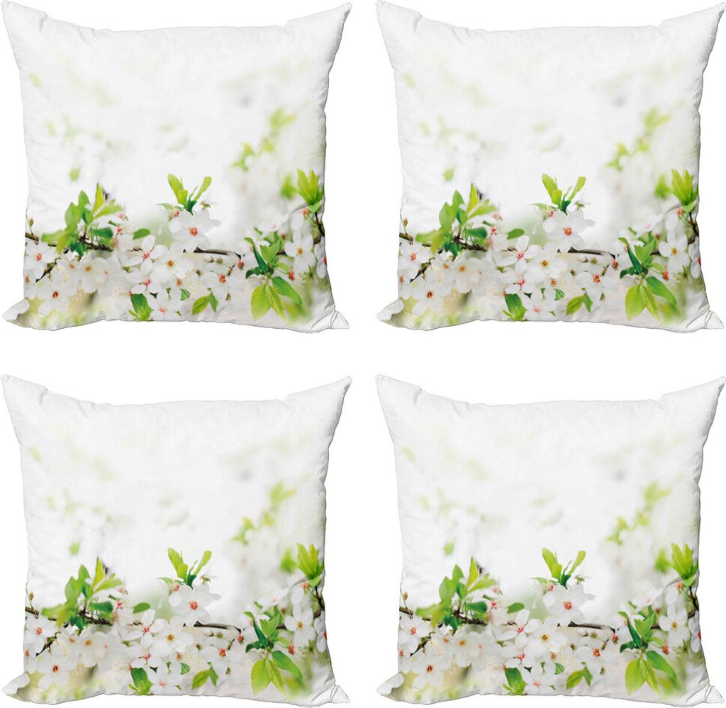 ABAKUHAUS Blume Kissenbezug Set (4 Stück), Weiß Frühlings-Blüten, Moderner Doppelseitiger Digitaldruck, 60 cm x 60 cm, Weiß Grün