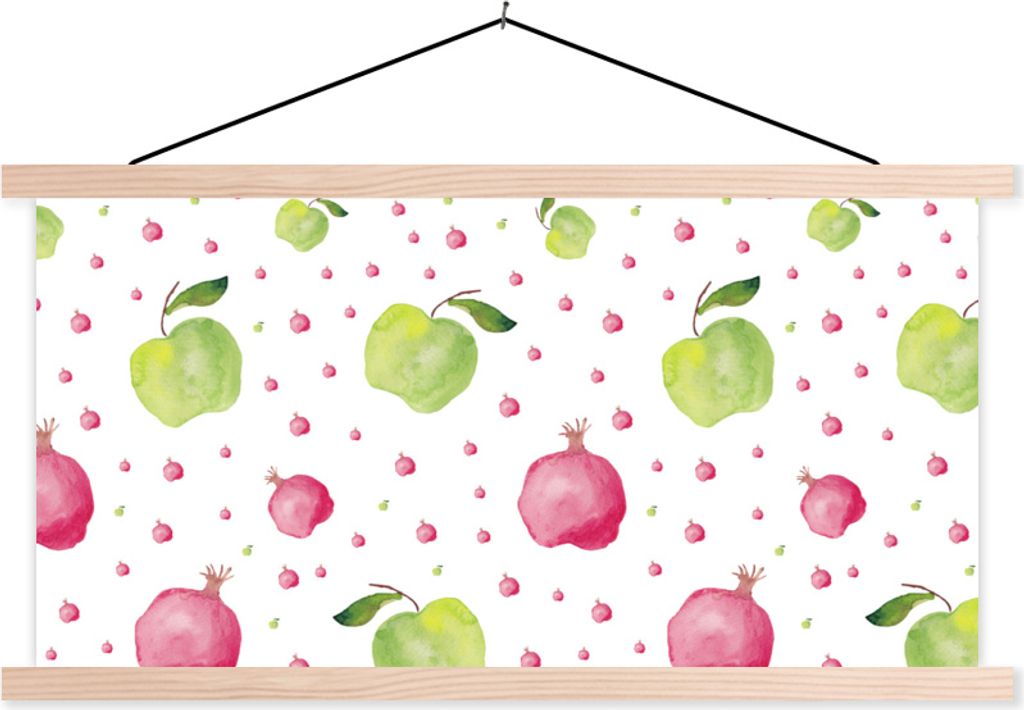 MuchoWow Textilposter Äpfel - Granatäpfel - Aquarell - Design 120x60 cm mit holzfarbenen Rahmen - Klemmleiste