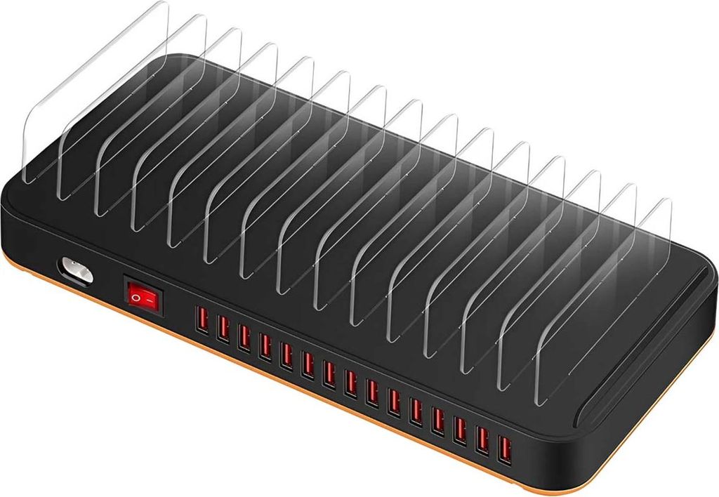 A black charging station with multiple clear dividers and USB ports, shown from a diagonal angle on a white background.
