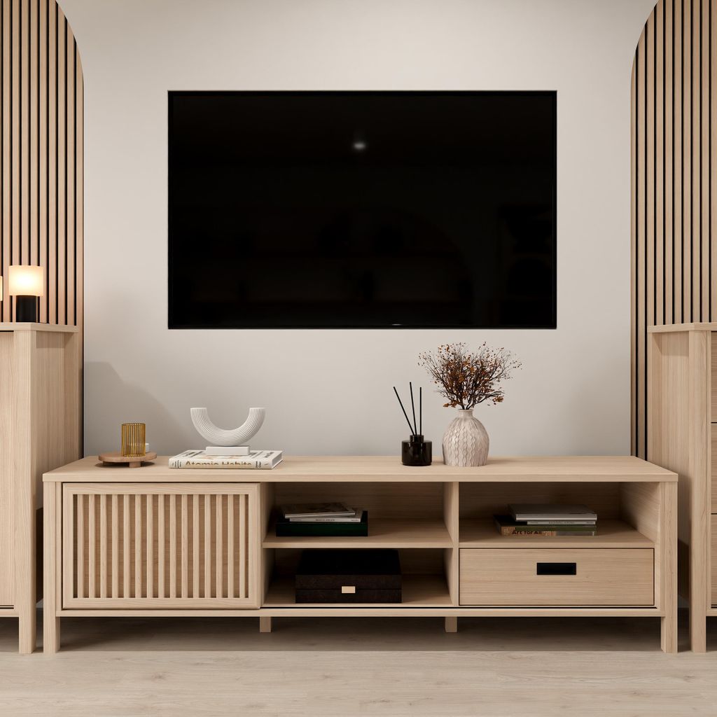 Forte JYTANA TV-Schrank 170 180, skandinavisches Low-Board mit Stauraumfach und Schublade, Riva Eiche Holzdekor, 174,8 cm breit x 49,9 cm hoch x 40...