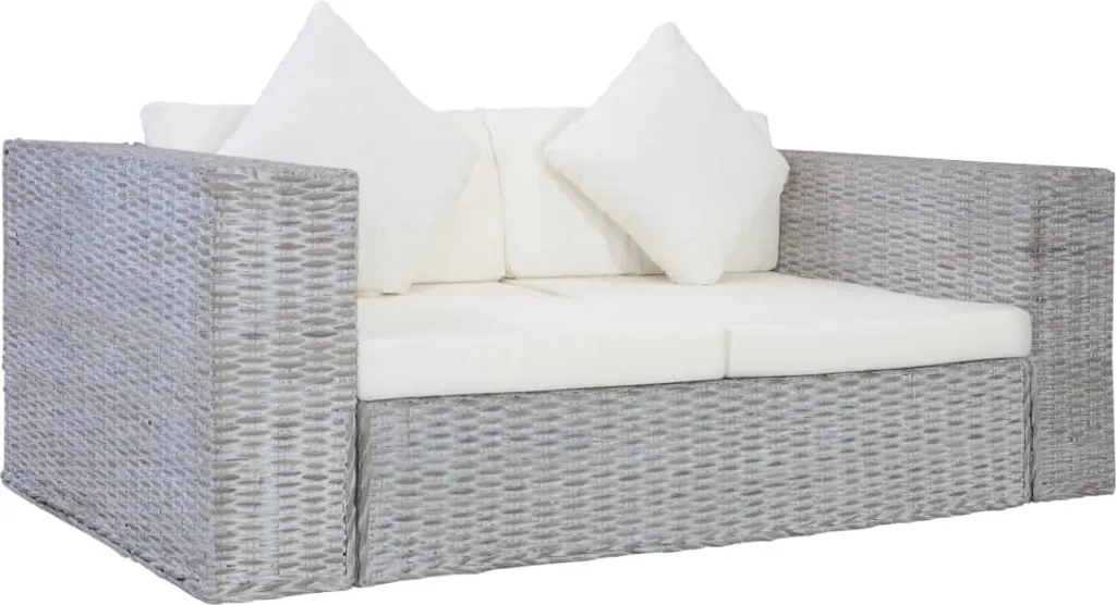 Canapé 2 places idéal véranda en rotin naturel et coussins gris confort
