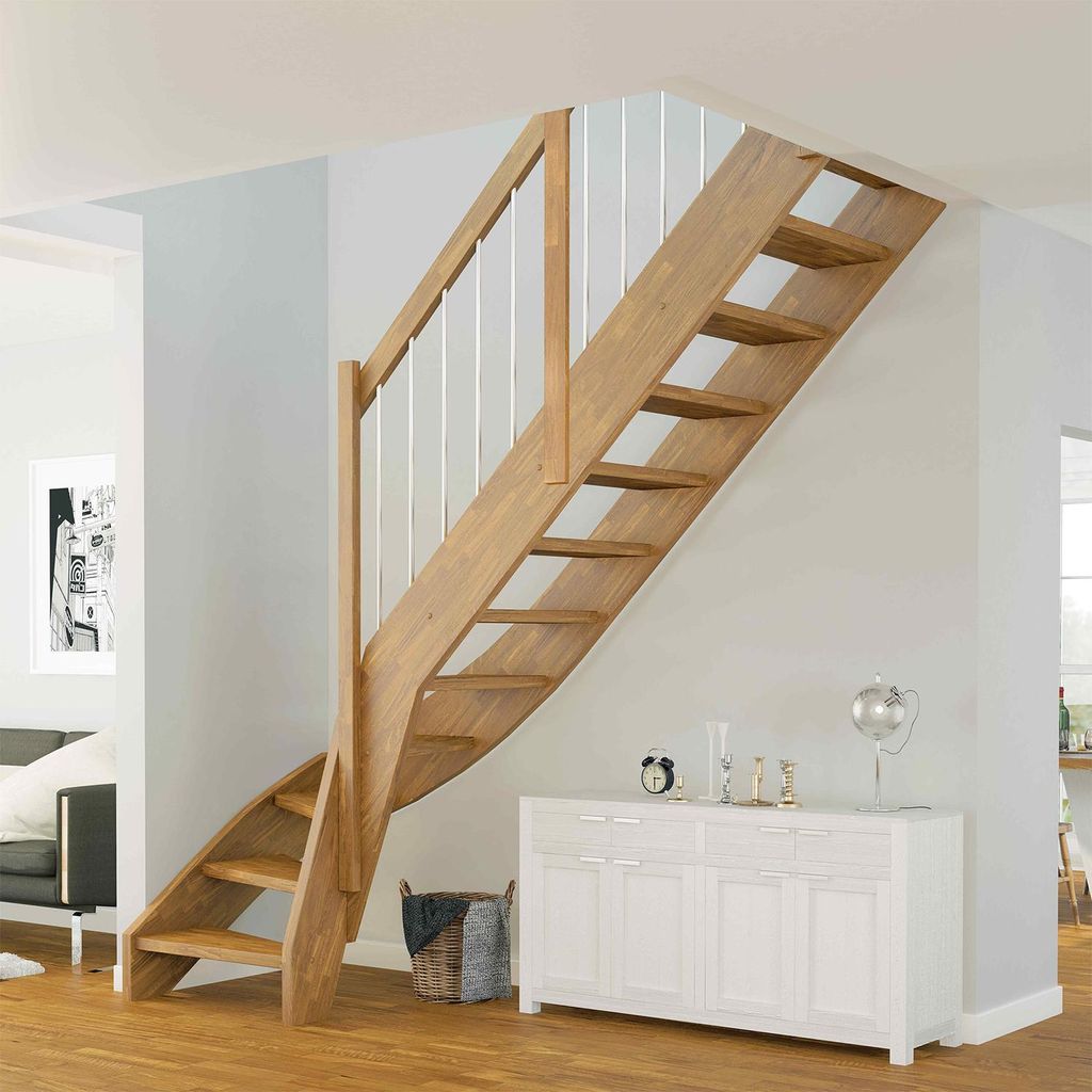 Dolle Raumspartreppe Faro 1/4-gewendelt 243-299cm GH 55-75cm breit Eiche versiegelt Stabgeländer aus Holz rund 20 mm