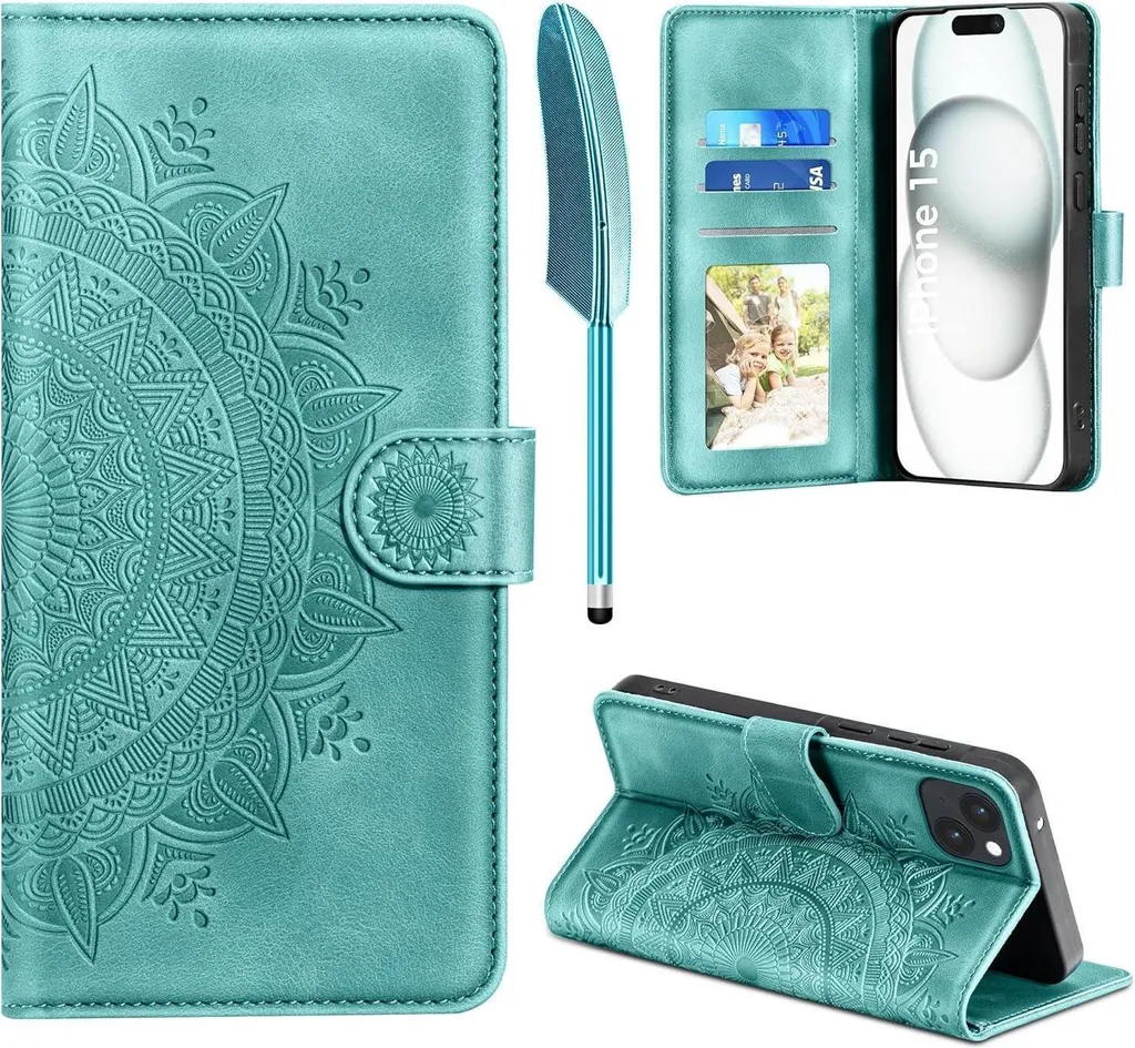 EASDNB Étui iPhone 15 Housse en Cuir Flip Wallet Case Vert de Protection