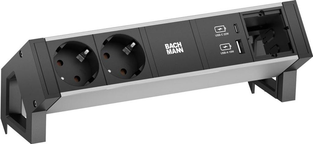 BACHMANN DESK2 ALU BLACK 2xSchutzkt.USB, USB Charger 22W A&C 1xABD 0,2m GST18