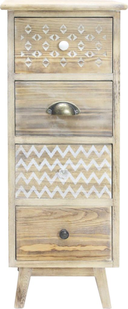 A tall, narrow wooden chest of drawers with four drawers, each with a different decorative front. The chest stands on four tapered legs.