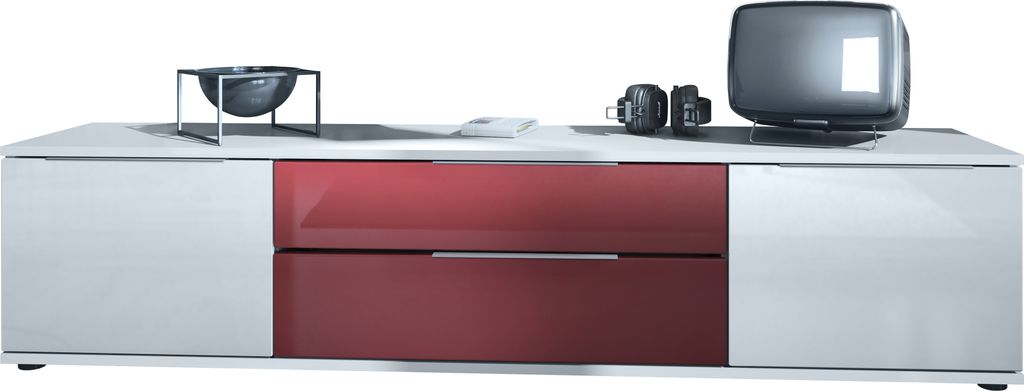 Vladon TV Lowboard Linio V2, Fernsehtisch mit 2 Türen und 2 Schubladen – Weiß / Bordeaux Hochglanz (166,5 x 37,5 x 35 cm)