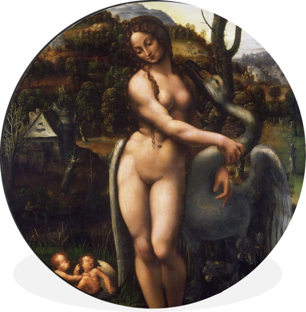 MuchoWow Aluminium Wandkreis Leda und der Schwan - Leonardo da Vinci Ø 90 cm Wanddeko Modern Wohnzimmer - Mauerkreis - Wandbilder - Runde Bild -...