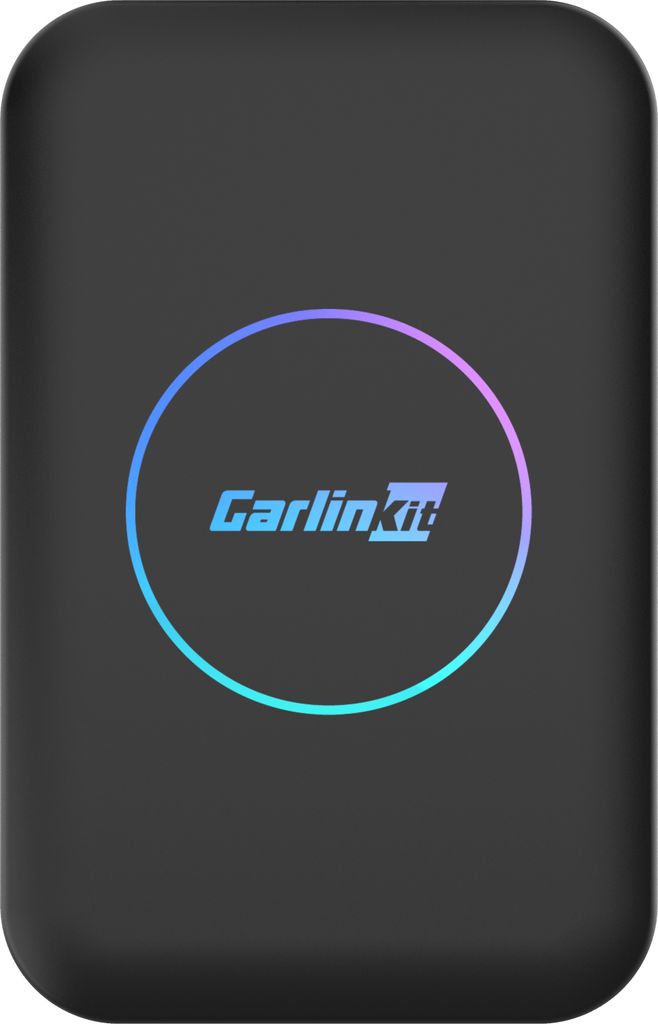 A black electronic device with a circular, multicolored light ring and a logo in the center.