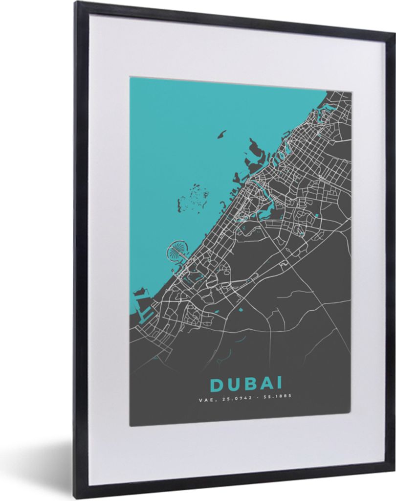 MuchoWow Gerahmtes Poster Dubai - Blau - Karte - Stadtplan 30x40 cm - Poster mit Schwarzem Bilderrahmen Wandposter Rahmen Foto Bilder - Wandposte...