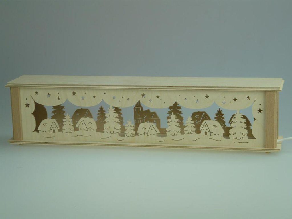 Schwibbogenerhöhung mit Häuser Kirche und Beleuchtung BxHxT 52x10x10cm NEU