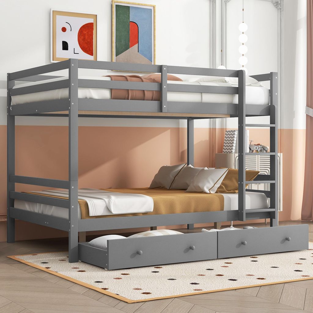 Merax Etagenbett 140x200 cm, Kinderbett, Jugendbett, mit Schubladen, Hohen Geländern, Kiefer Stockbett, Grau