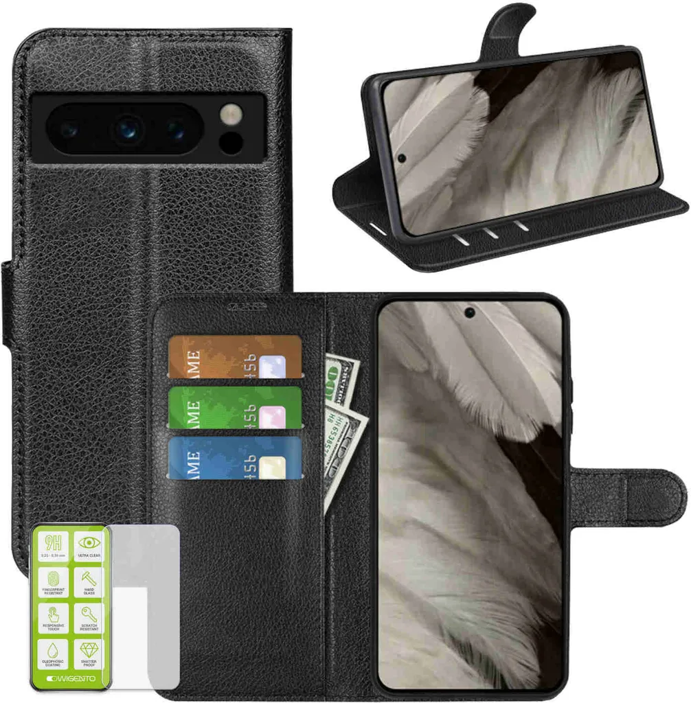 Per Google Pixel 8 Pro Custodia del telefono cellulare Custodia in pelle artificiale nera + vetro temperato curvo H9