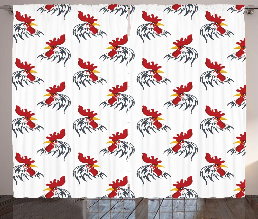 Rideau Imprimé Coq Rouge Vermillon 280x225 cm avec Boucles et Crochets
