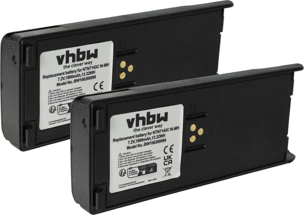vhbw 2x Akku kompatibel mit Motorola GP900, GP1200, GP2013, GP2010, HT1000, HAT1000 Funkgerät, Walkie Talkie (1800 mAh, 7,5 V, NiMH) + Gürtelclip