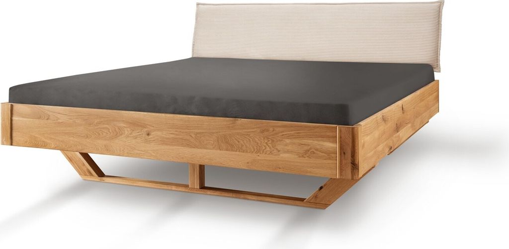 Bett Durbuy 140x220 cm Sonderlänge Wildeiche Massiv mit Stoffkopfteil Beige
