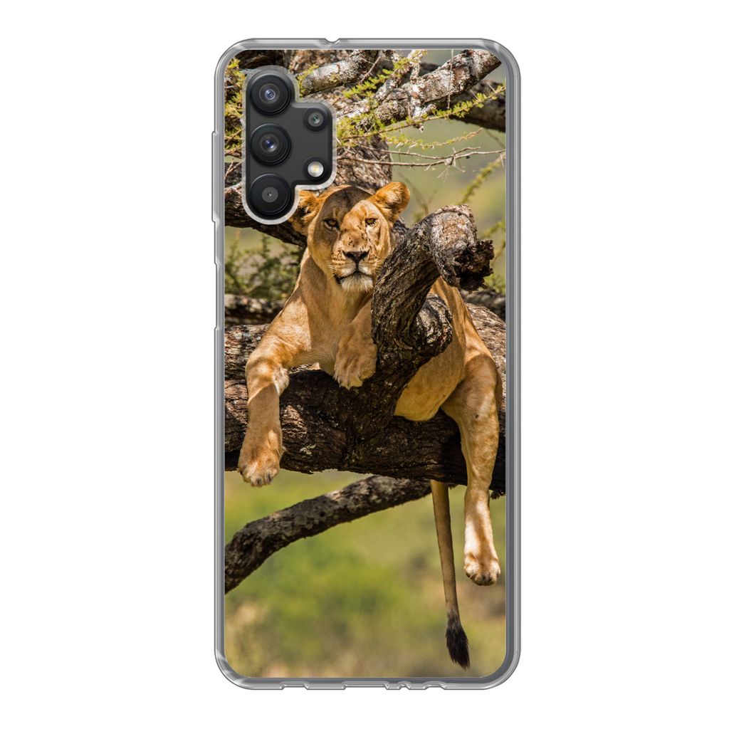 MuchoWow Handyhülle Schutzhülle Hülle für Samsung Galaxy A32 5G Löwe - Baum - Braun Silikon Softcase Handy Hülle - Softcase
