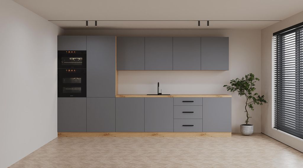 Küchenzeile 360 cm Ohne Arbeitsplatte Einbauküche Küchenblock Ohne E-Geräten , Langen K109-M360 – Beige/Matt