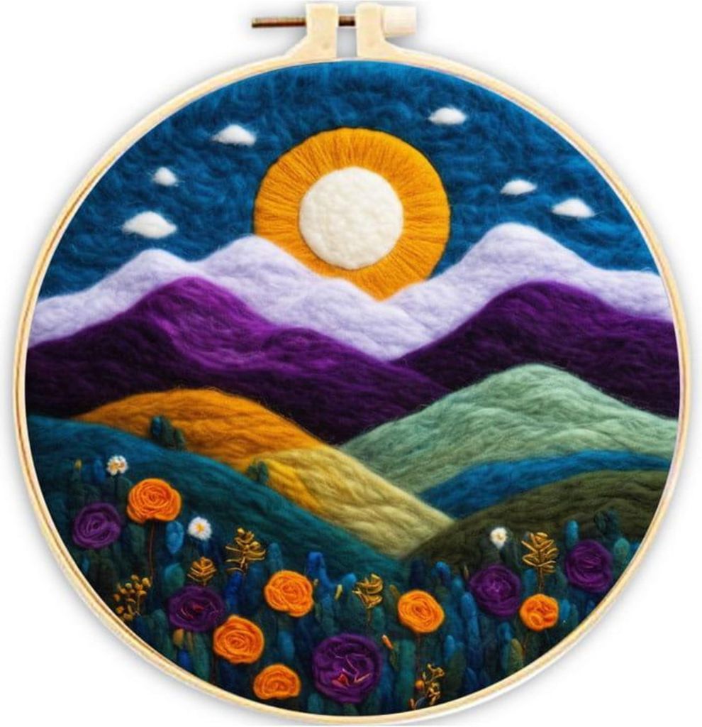 Habarri | Bastelset - Sticken mit Kammwolle - Filzwolle - DIY-Bild - mit Filznadel 4 Stück - Sonnenuntergang