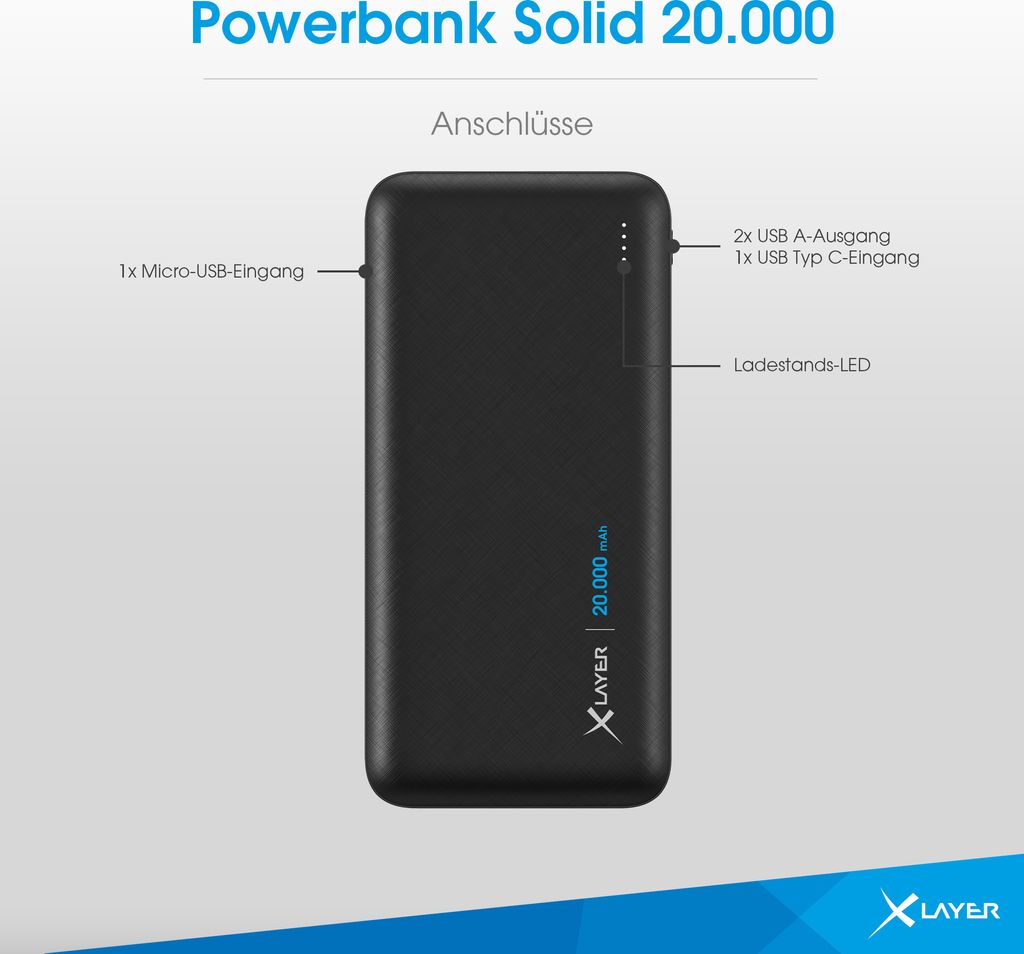 Xlayer Powerbank Solid 20000 mAh Akku schnelles Aufladen Produktbild 3