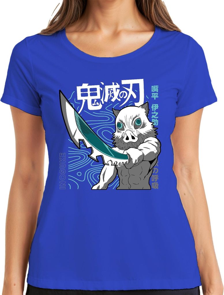 Inosuke Dämonenjäger Anime Ebermaske Schwert Manga Fan Geschenk Damen T-Shirt, Blau, S