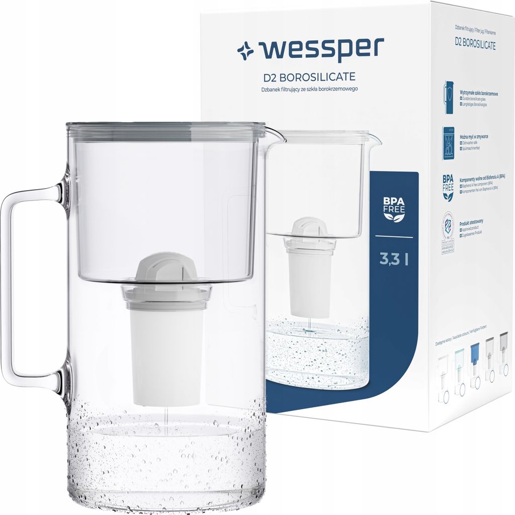A glass water filter pitcher and its packaging.