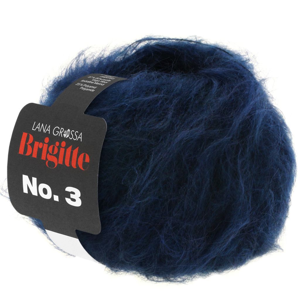 A ball of dark blue fuzzy yarn with a black label.