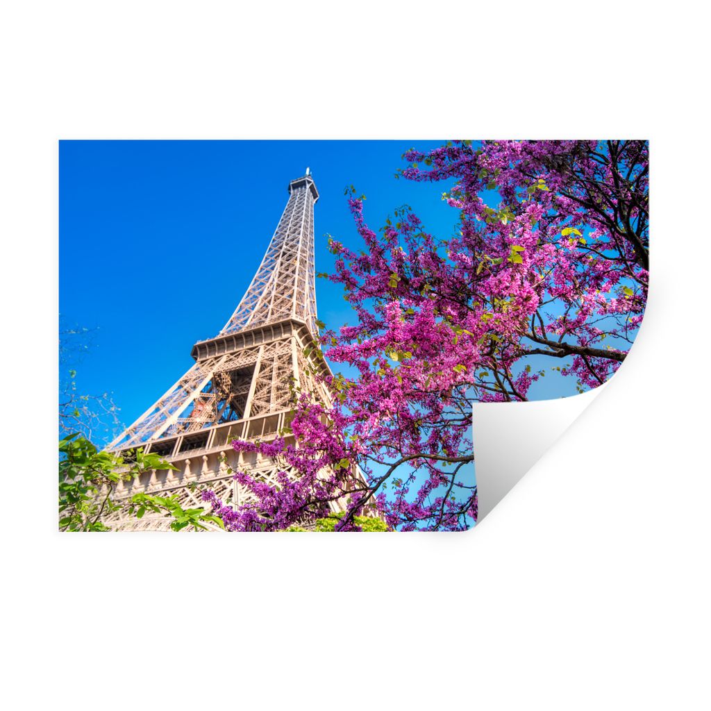 MuchoWow Wandtattoo Wandsticker Wandaufkleber Der Eiffelturm mit einem einzigartigen rosafarbenen Baum, der dem Bild einen farbenfrohen Effekt ve...