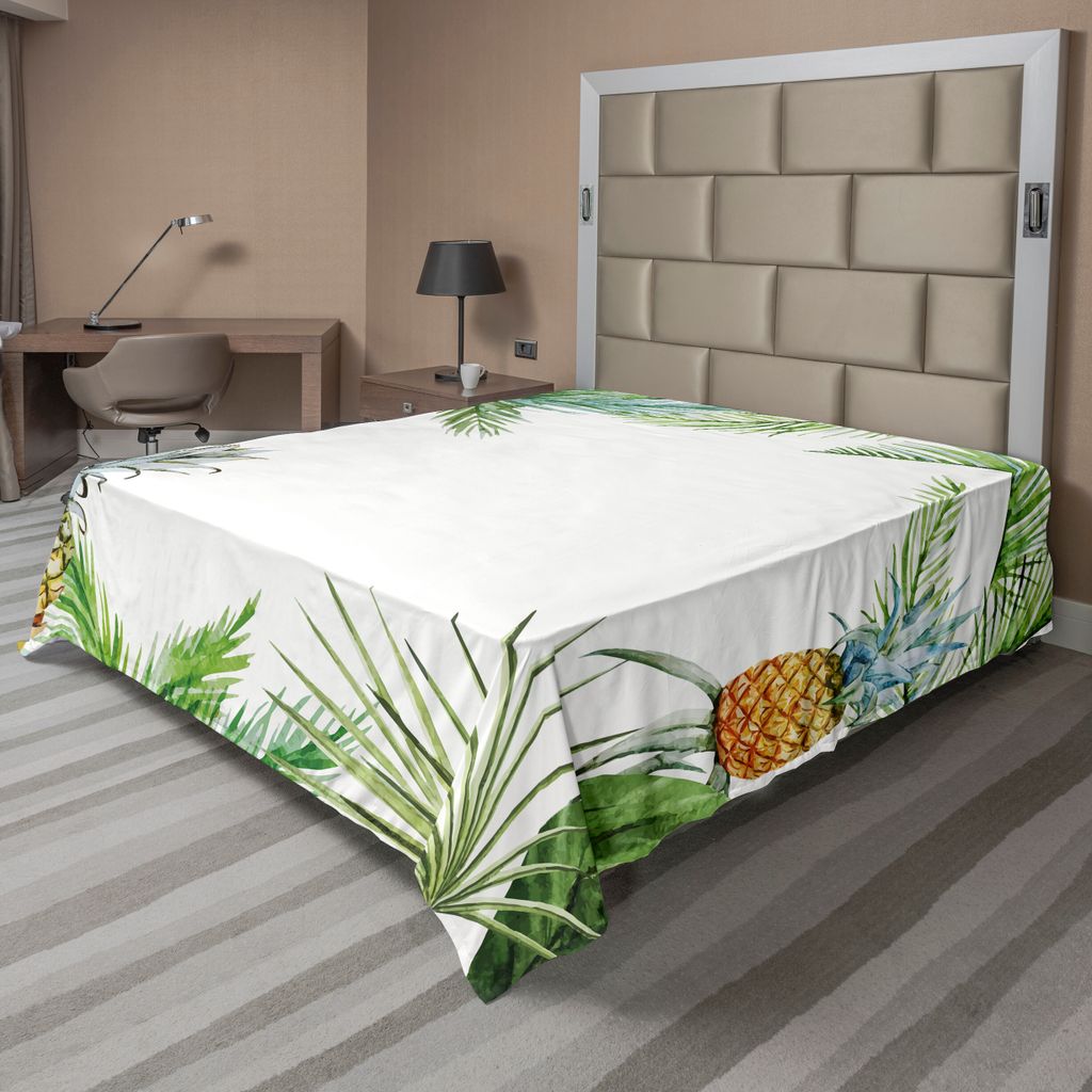ABAKUHAUS Ananas Bettlaken, Aquarell Tropische Insel Art Grenzdruck Exotische Frucht Palmen Und Blätter, weiches bequemes oberes Bettlaken für ei...