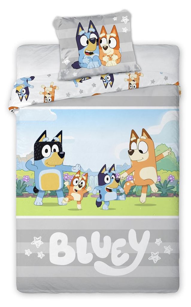 Kinderbettwäsche Bluey Bingo grau Garnitur 100x135 cm + 40x60 cm - Bluey