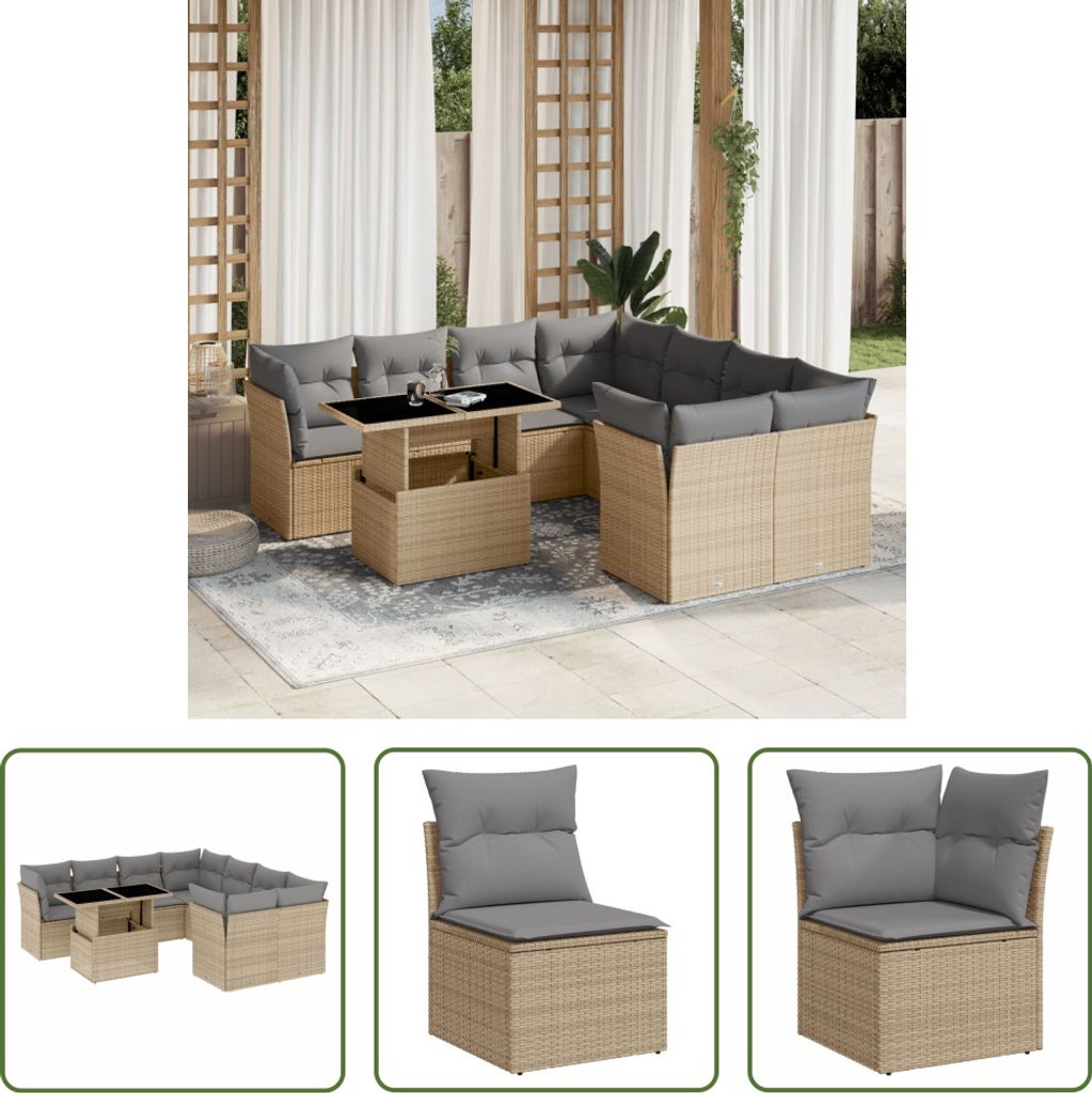 The Living Store 9-tlg. Garten-Sofagarnitur mit Kissen Beige Poly Rattan