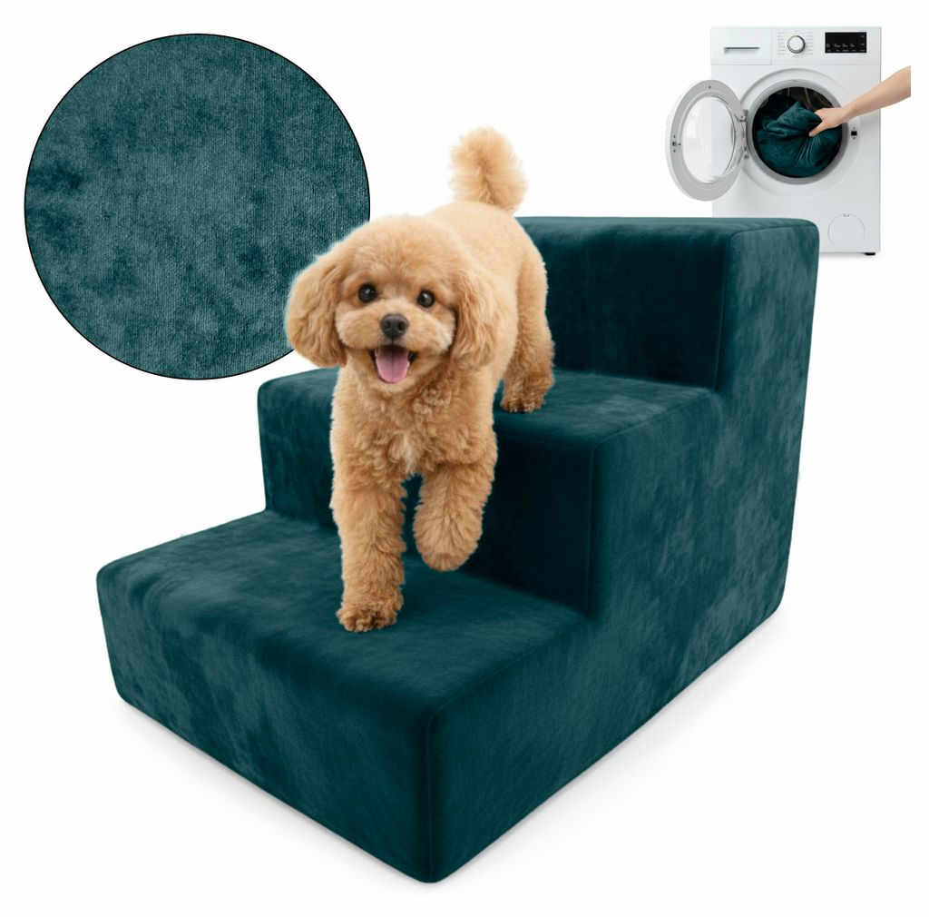 Muralo Treppe für Hund und Katze Rampe HUNDETREPPE Treppe für Haustiere 3 Stufen Türkis Magic Velvet Stoff
