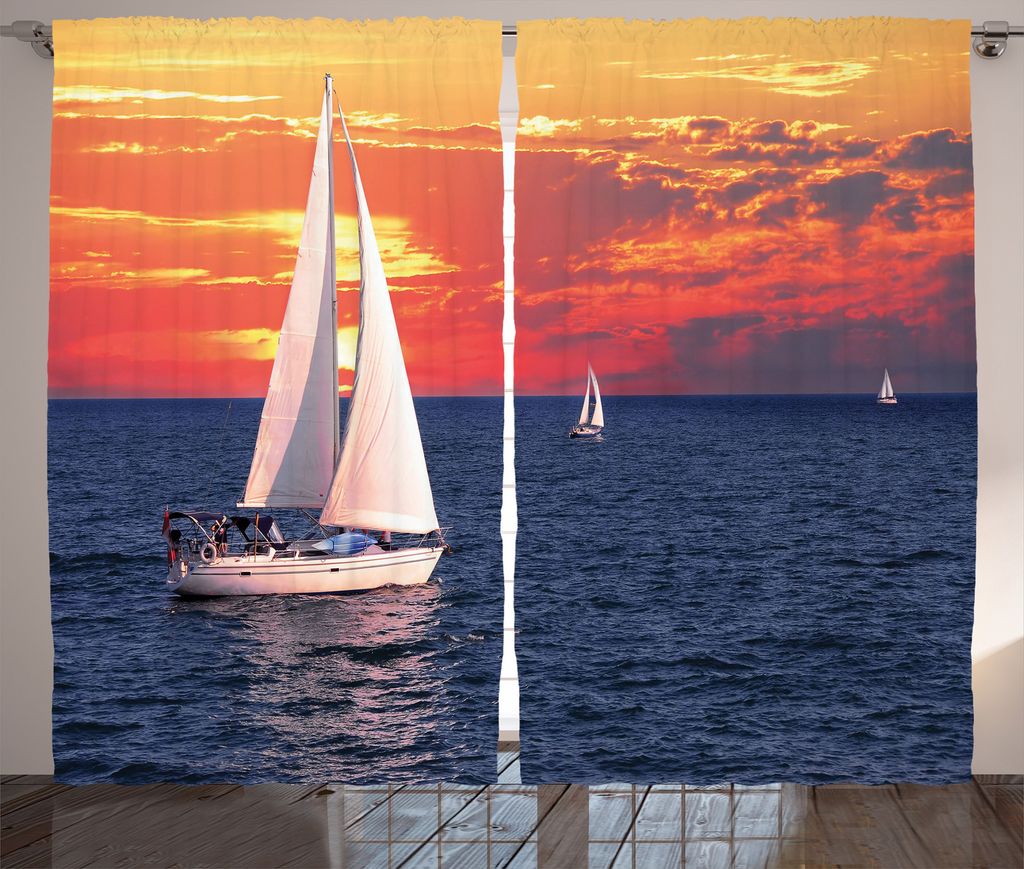 ABAKUHAUS Landschaft Rustikaler Gardine, Ruhiger Abend Segeln, Schlafzimmer Kräuselband Vorhang mit Schlaufen und Haken, 280 x 225 cm, Dunkelblau ...