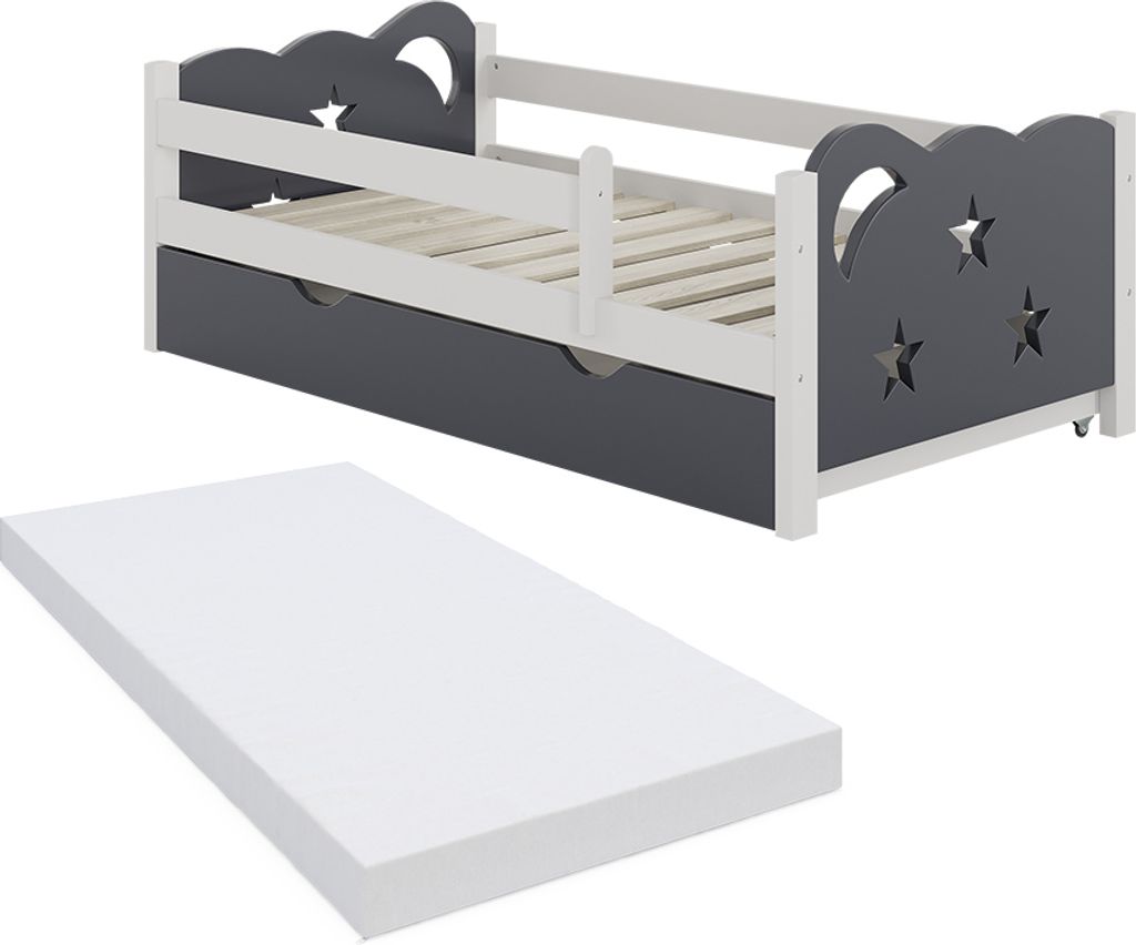 A child's bed with a mattress shown separately.