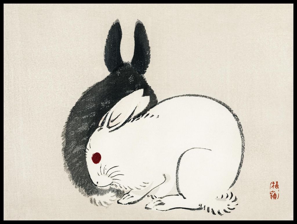 Plakat 80x60cm Schwarz-Weiß Kaninchen, Japanischer Vintage Gakan für das Wohnzimmer
