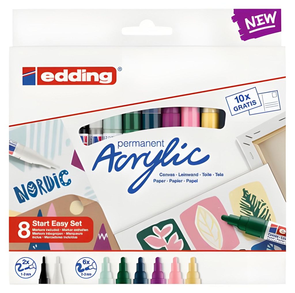 Edding Acrylic, Schwarz, Blau, Braun, Grün, Hellblau, Pink, Produktbild 